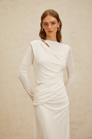 Aurohaya Daneysha White Ruched Maxi Gown