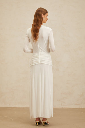 Aurohaya Daneysha White Ruched Maxi Gown