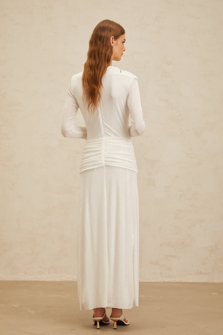 Aurohaya Daneysha White Ruched Maxi Gown
