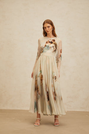 Aurohaya Manon Green Graphic Print Silk Maxi Dress