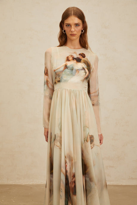Aurohaya Manon Green Graphic Print Silk Maxi Dress
