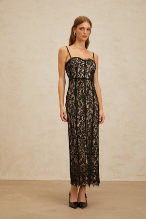 Aurohaya Giorgia Black Floral Lace Corset Maxi Dress