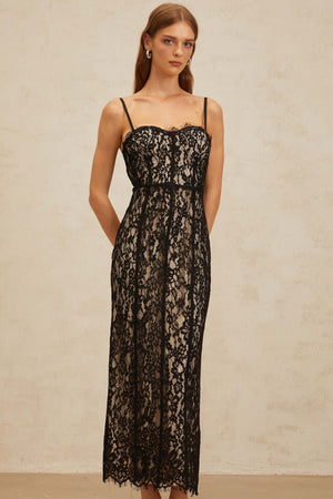 Aurohaya Giorgia Black Floral Lace Corset Maxi Dress
