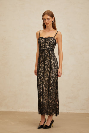 Aurohaya Giorgia Black Floral Lace Corset Maxi Dress