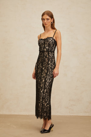 Aurohaya Giorgia Black Floral Lace Corset Maxi Dress