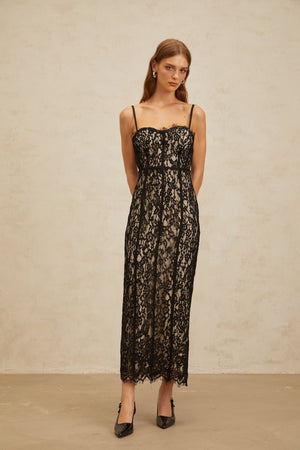 Aurohaya Giorgia Black Floral Lace Corset Maxi Dress