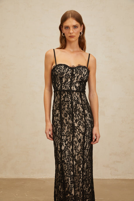 Aurohaya Giorgia Black Floral Lace Corset Maxi Dress