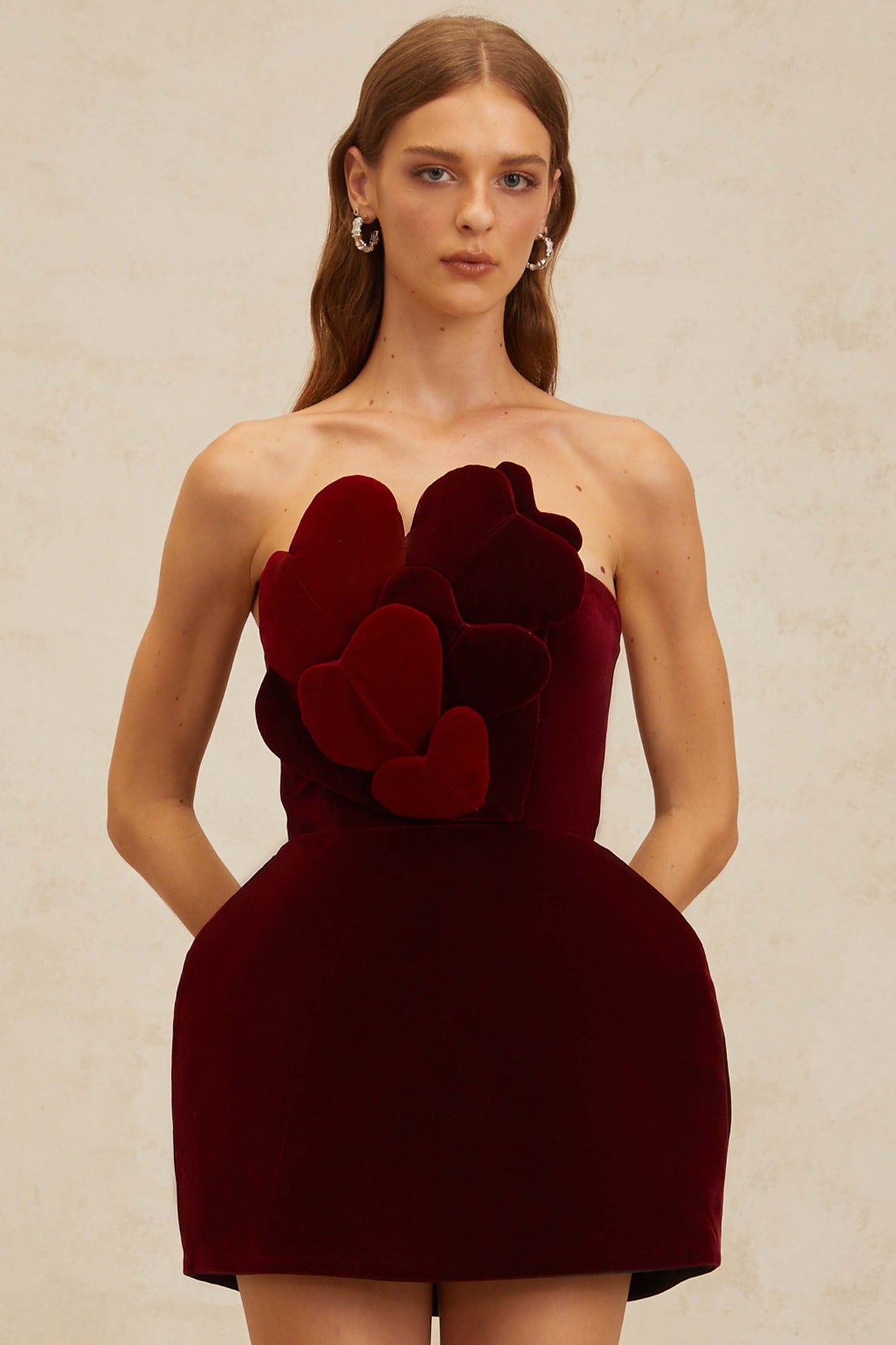 Aurohaya Coralie Red Heart Appliqué Velvet Mini Dress
