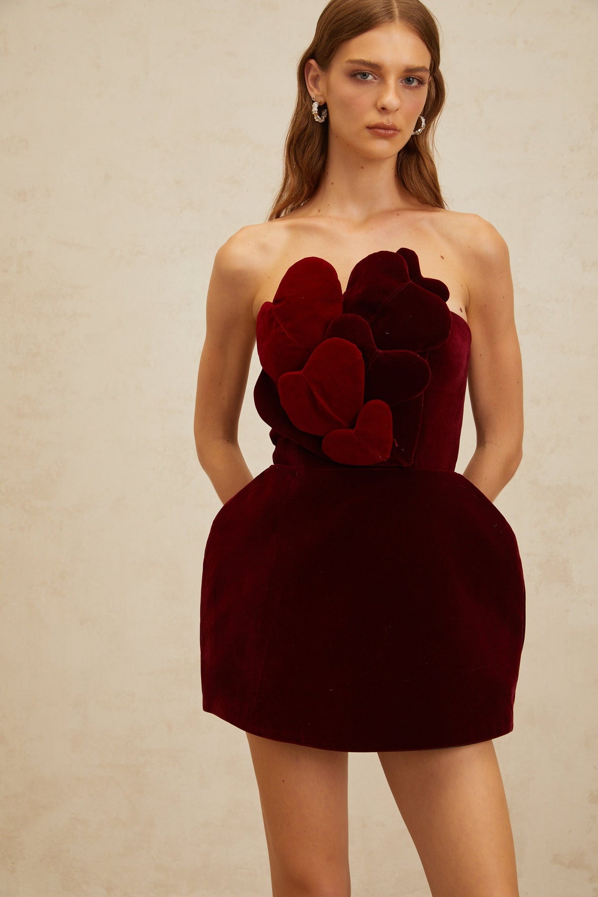 Aurohaya Coralie Red Heart Appliqué Velvet Mini Dress