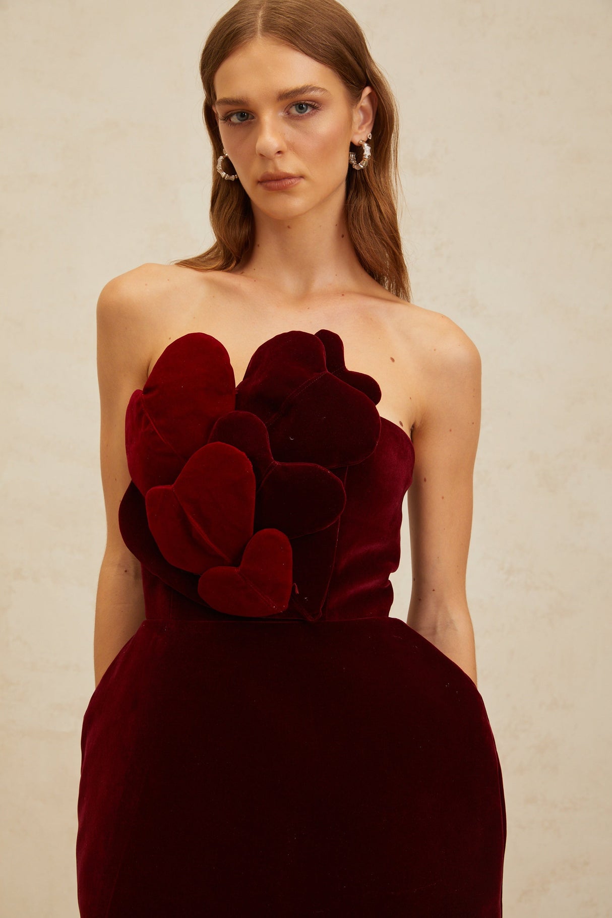 Aurohaya Coralie Red Heart Appliqué Velvet Mini Dress