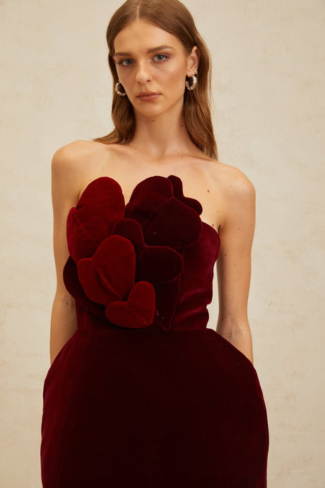 Aurohaya Coralie Red Heart Appliqué Velvet Mini Dress