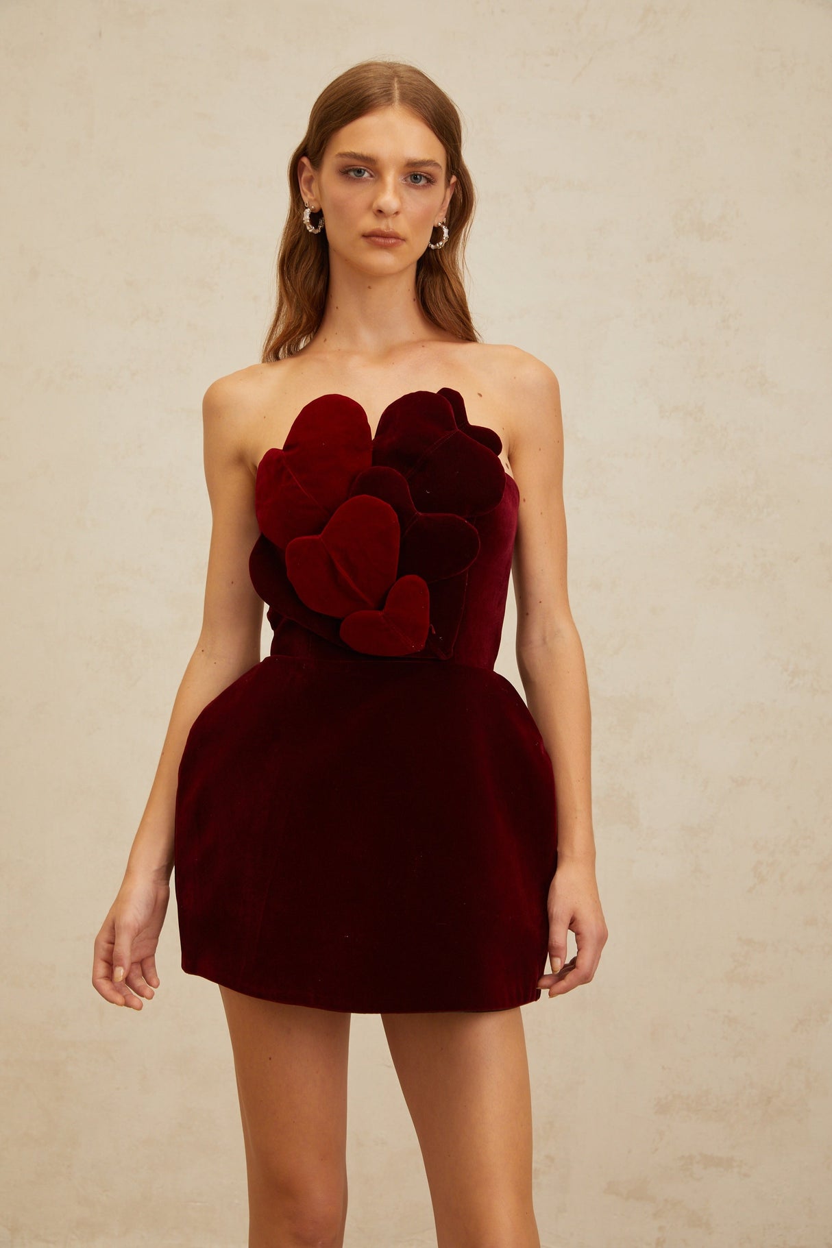 Aurohaya Coralie Red Heart Appliqué Velvet Mini Dress