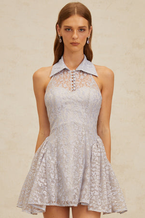Aurohaya Diane Blue Halterneck Floral Lace Mini Dress