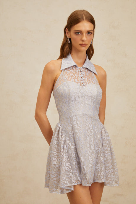 Aurohaya Diane Blue Halterneck Floral Lace Mini Dress