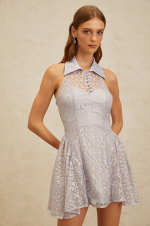 Aurohaya Diane Blue Halterneck Floral Lace Mini Dress