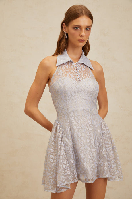 Aurohaya Diane Blue Halterneck Floral Lace Mini Dress