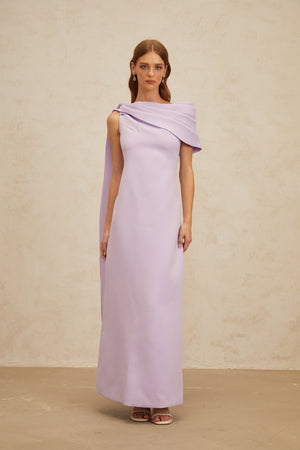 Aurohaya Annabelle Purple Cape-Design Ribbon Maxi Dress