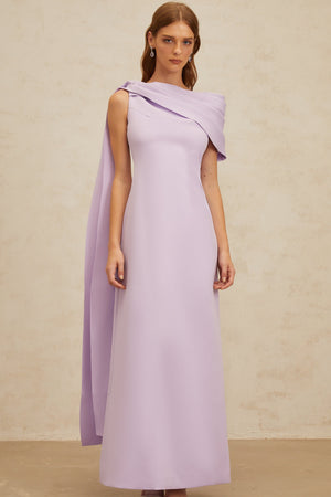 Aurohaya Annabelle Purple Cape-Design Ribbon Maxi Dress