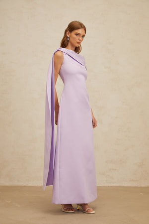 Aurohaya Annabelle Purple Cape-Design Ribbon Maxi Dress