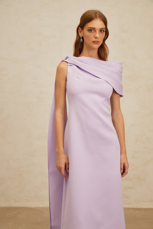 Aurohaya Annabelle Purple Cape-Design Ribbon Maxi Dress