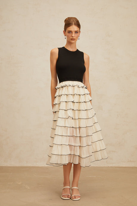 Aurohaya Anouk Contrast Color Tiered Panelled Midi Dress