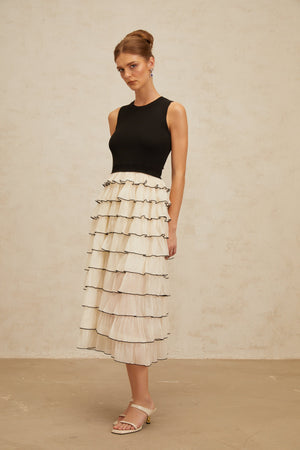 Aurohaya Anouk Contrast Color Tiered Panelled Midi Dress