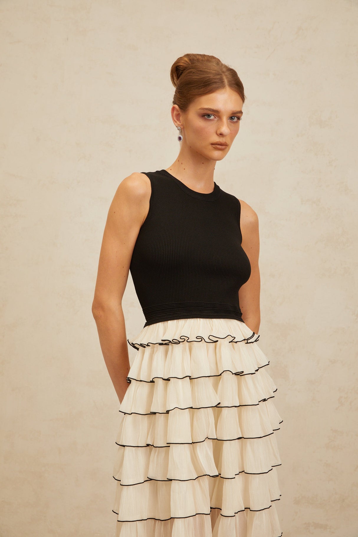 Aurohaya Anouk Contrast Color Tiered Panelled Midi Dress