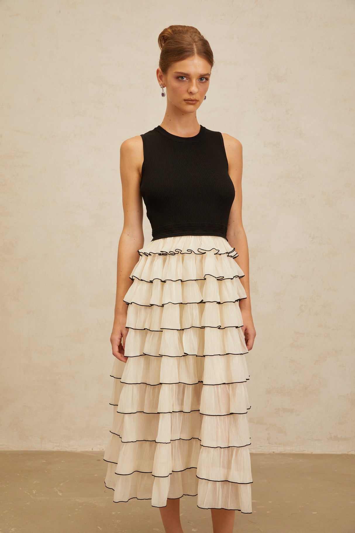 Aurohaya Anouk Contrast Color Tiered Panelled Midi Dress