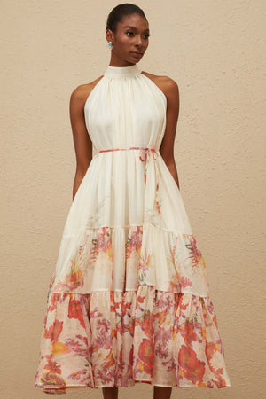 Aurohaya Fleur Neutral Shirred Floral Midi Dress