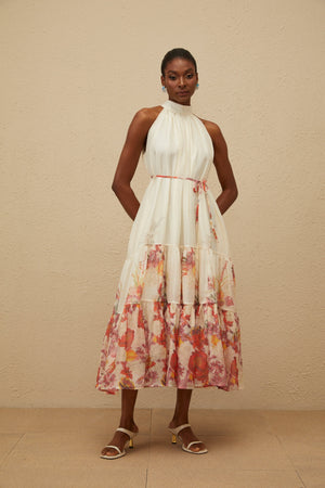 Aurohaya Fleur Neutral Shirred Floral Midi Dress