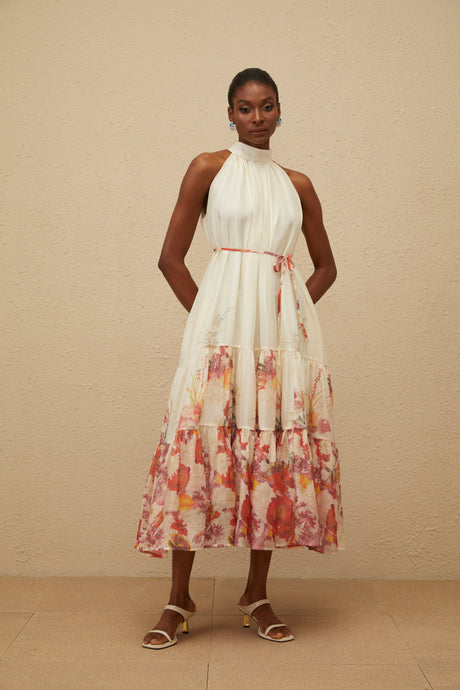 Aurohaya Fleur Neutral Shirred Floral Midi Dress
