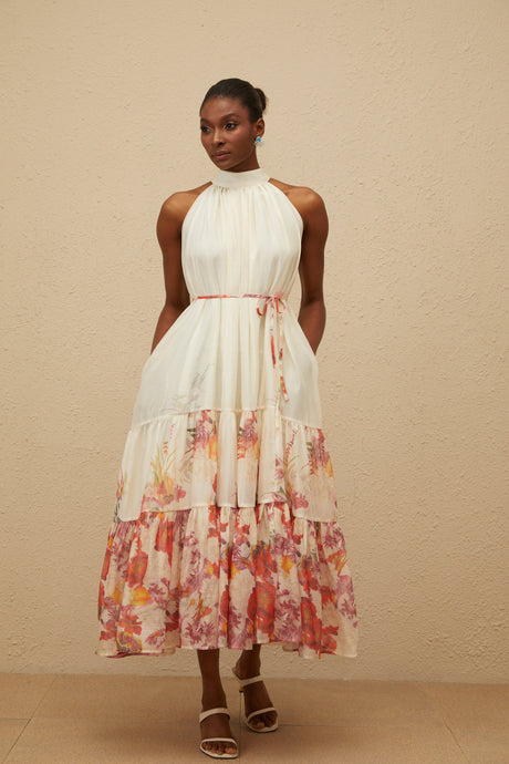 Aurohaya Fleur Neutral Shirred Floral Midi Dress