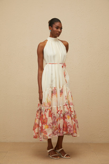 Aurohaya Fleur Neutral Shirred Floral Midi Dress