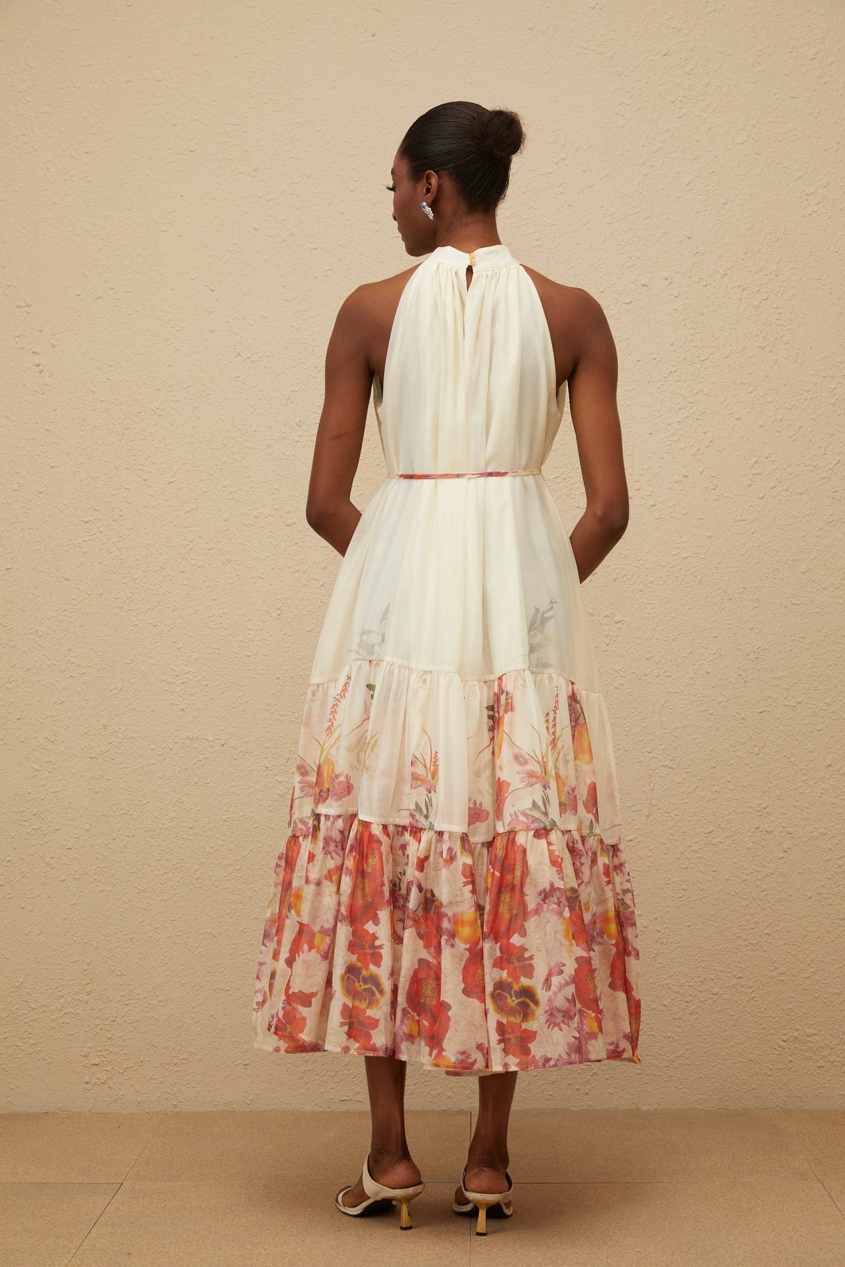 Aurohaya Fleur Neutral Shirred Floral Midi Dress