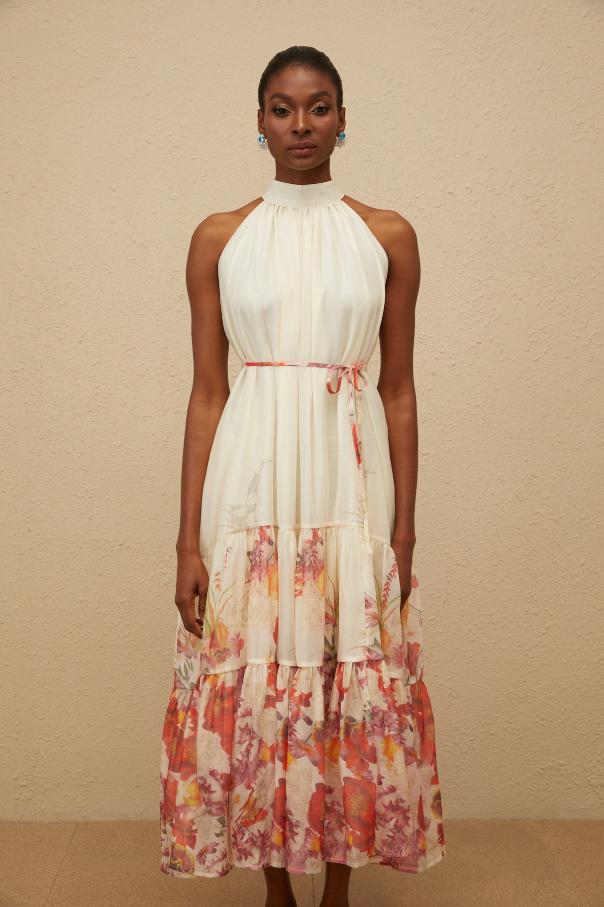 Aurohaya Fleur Neutral Shirred Floral Midi Dress