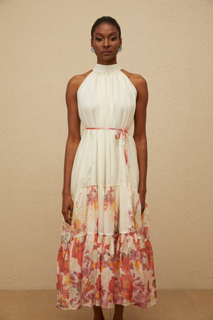 Aurohaya Fleur Neutral Shirred Floral Midi Dress