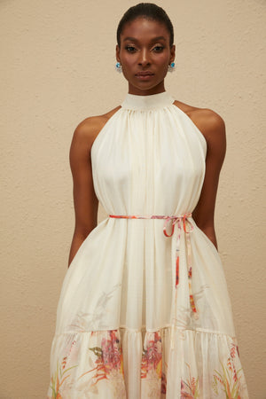 Aurohaya Fleur Neutral Shirred Floral Midi Dress