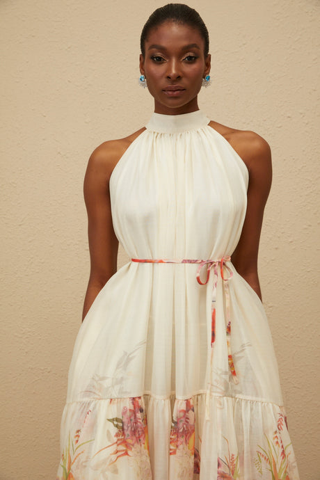 Aurohaya Fleur Neutral Shirred Floral Midi Dress