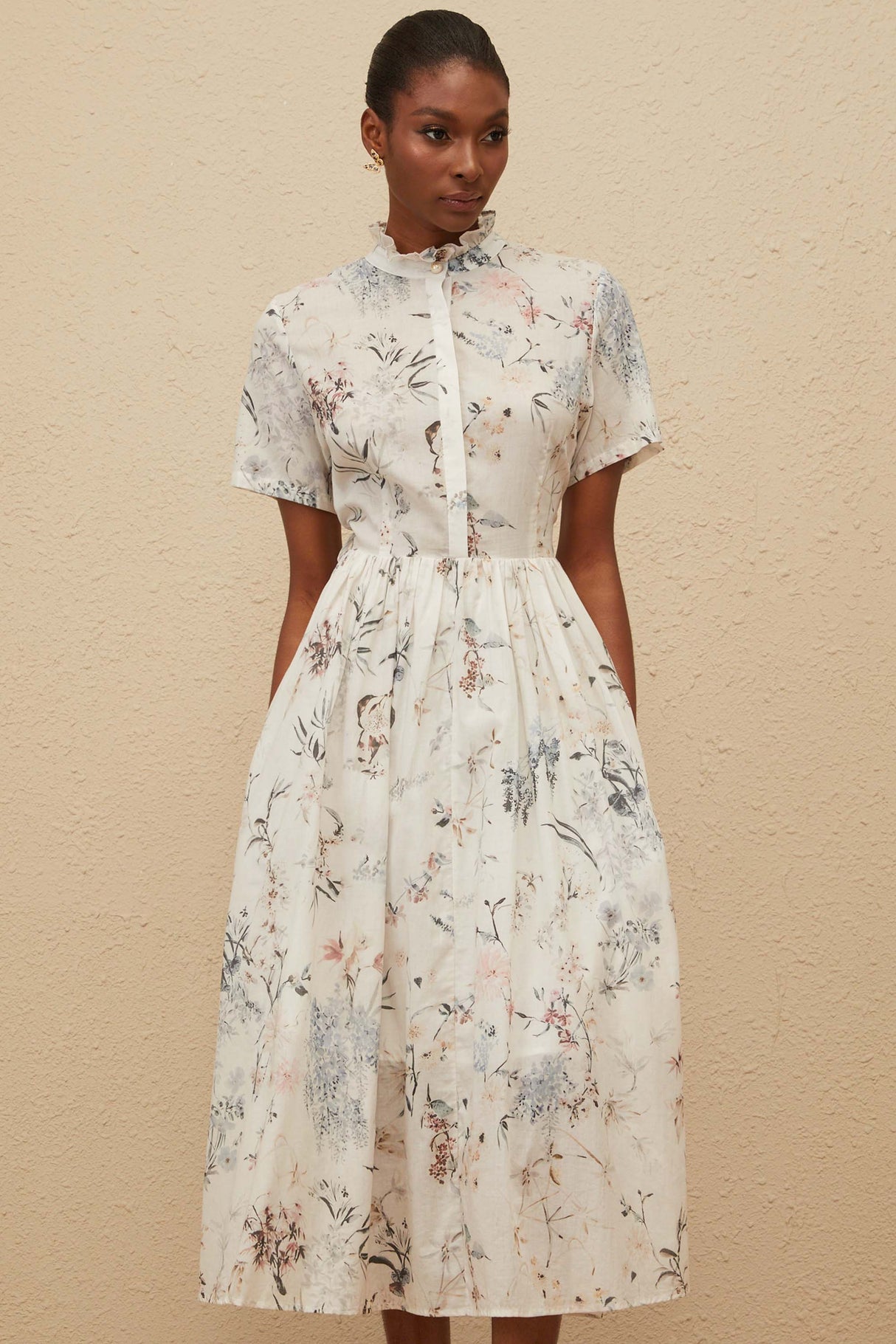 Aurohaya Héloïse White Floral Print Summer Midi Dress