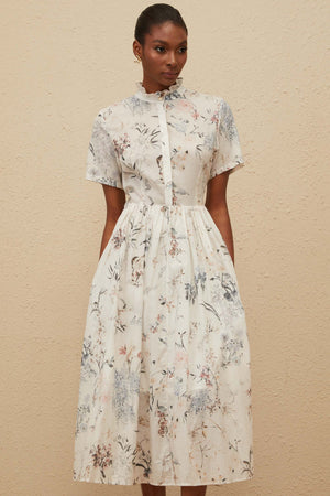 Aurohaya Héloïse White Floral Print Summer Midi Dress