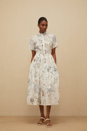 Aurohaya Héloïse White Floral Print Summer Midi Dress