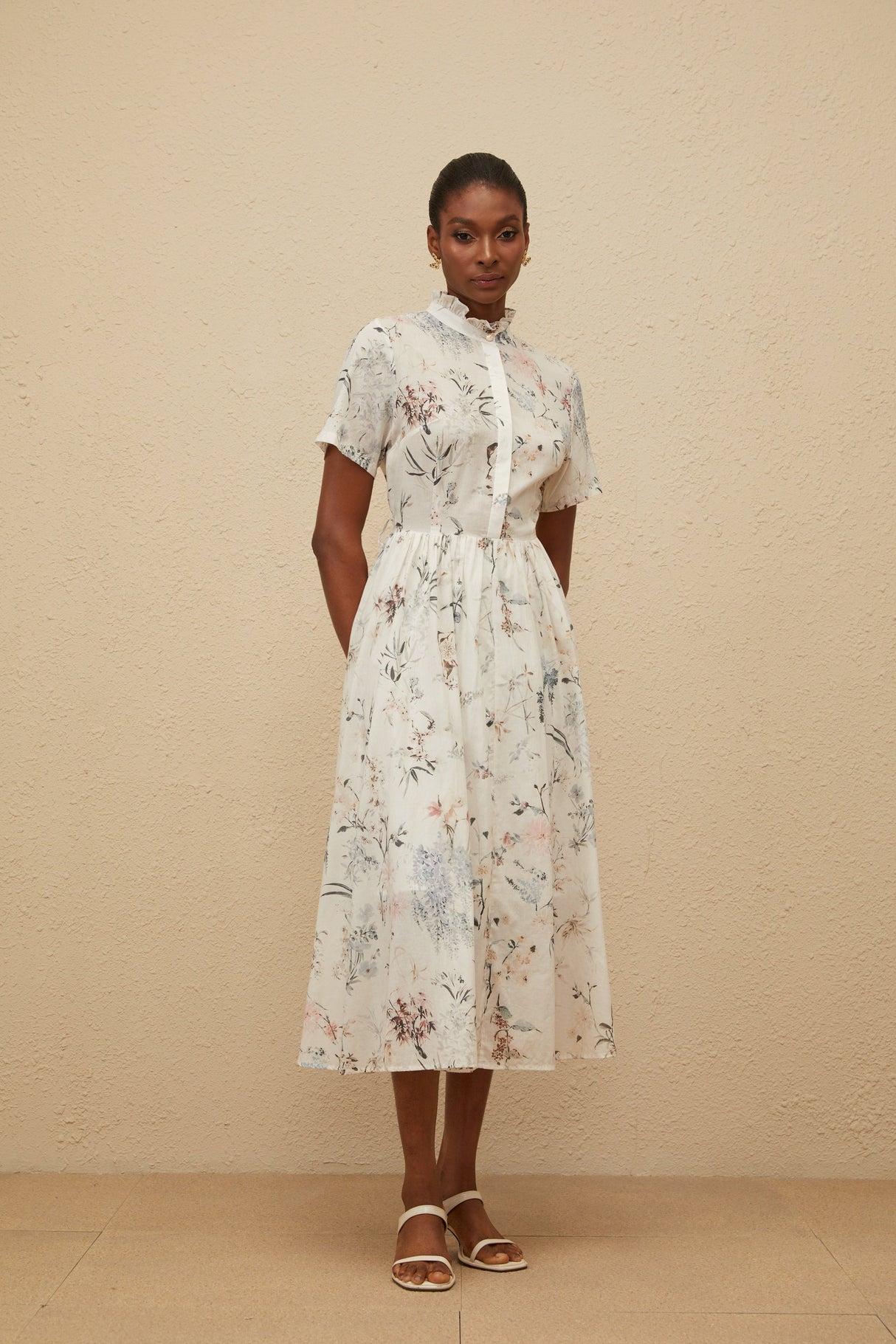 Aurohaya Héloïse White Floral Print Summer Midi Dress
