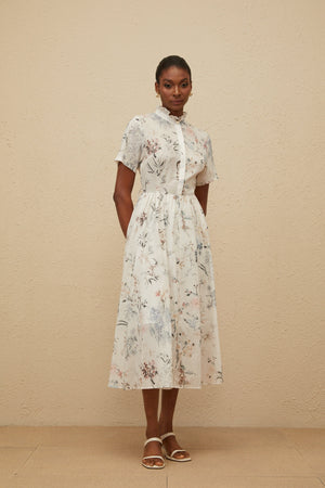 Aurohaya Héloïse White Floral Print Summer Midi Dress