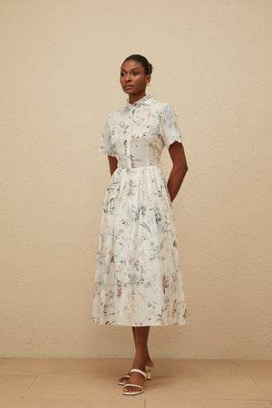 Aurohaya Héloïse White Floral Print Summer Midi Dress