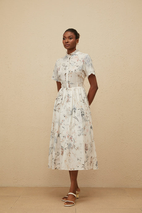 Aurohaya Héloïse White Floral Print Summer Midi Dress