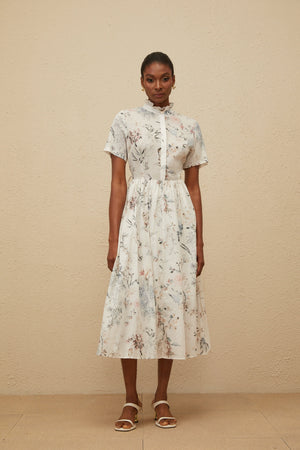 Aurohaya Héloïse White Floral Print Summer Midi Dress