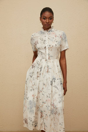 Aurohaya Héloïse White Floral Print Summer Midi Dress