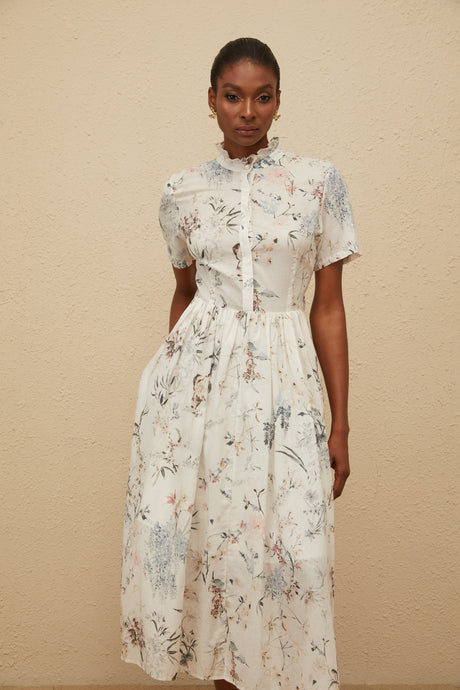 Aurohaya Héloïse White Floral Print Summer Midi Dress
