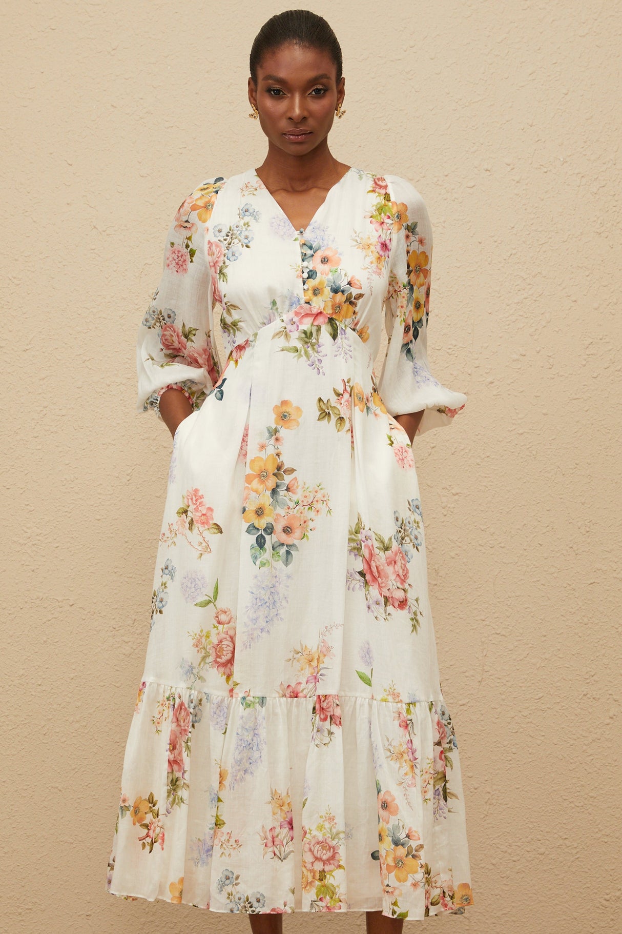Aurohaya Noémie White Floral Print V-Neck Midi Dress