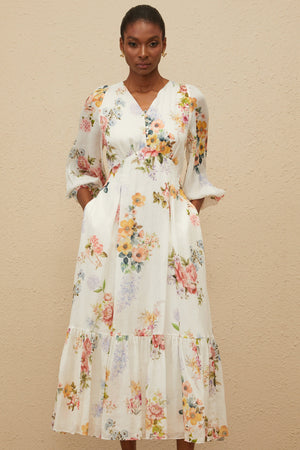Aurohaya Noémie White Floral Print V-Neck Midi Dress